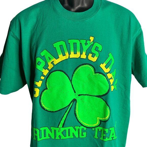 Vintage 90s St Paddys Day Drinking Team T Shirt L Green Single Stitch Crewneck - Picture 2 of 7